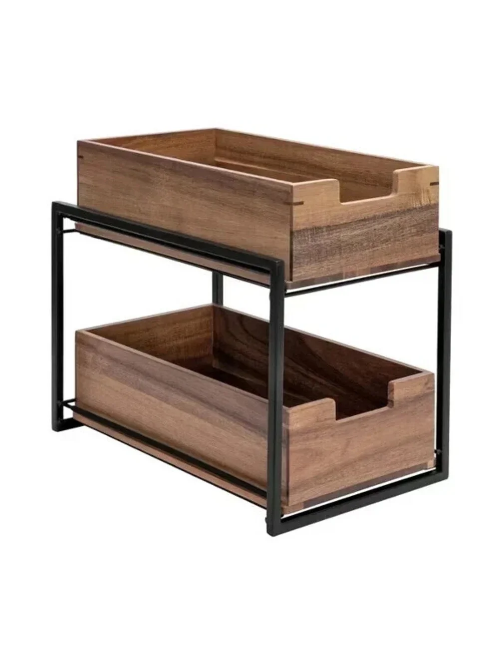 Seville Classics Acacia Wood 2-Tier Sliding Storage Baskets 9
